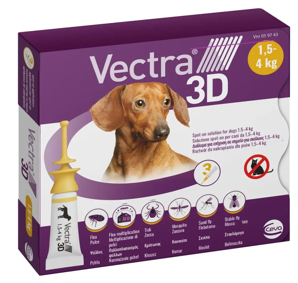 Фото VECTRA 3D (Вектра 3D) краплі на холку від зовнішніх паразитів для собак від 1,5 до 4 кг, 1 піпетка купити за ціною ₴354.00