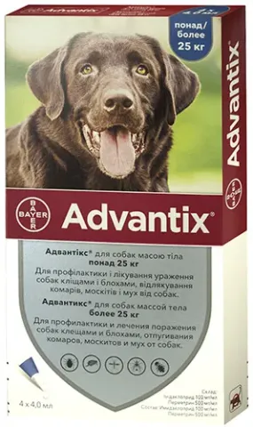 Краплі бліх, кліщів і комарів Адвантікс Advantix Spot-On для собак 25-40 кг, 1 піпетка купити за ціною ₴433.50