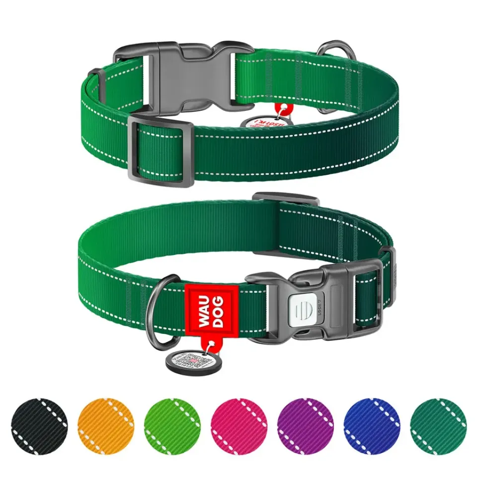 Фото Нашийник для собак нейлоновий WAUDOG Nylon Mono з QR паспортом, світловідбивний, пластиковий фастекс, S, Ш 15 мм, Дов 25-35 см зелений купити за ціною ₴161.00