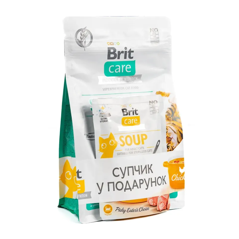 Фото НАБІР Корм сухий Brit Care GF Sterilized Urinary Health для стерилізованих котів для підтримки здоров'я сечовивідних шляхів курка 400 г + суп 75 г купити за ціною ₴236.00