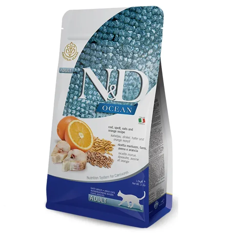 Фото Корм сухий для котів Фарміна N&D Low Grain Ocean ADULT з тріскою та апельсином 10 кг купити за ціною ₴5112.00