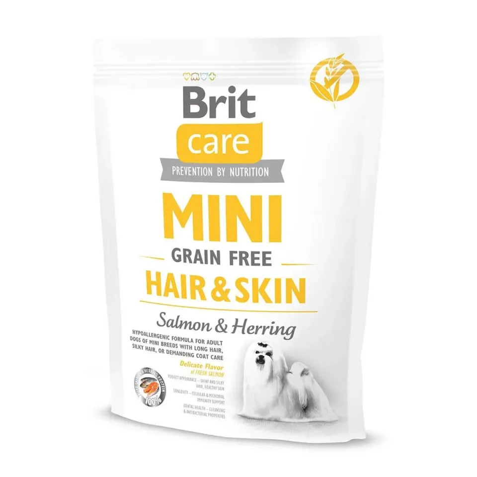 Фото Сухий корм для собак мініатюрних порід Бріт Кер Brit Care GF Mini Hair & Skin з лососем та оселедцем, 0,4кг купити за ціною ₴289.00
