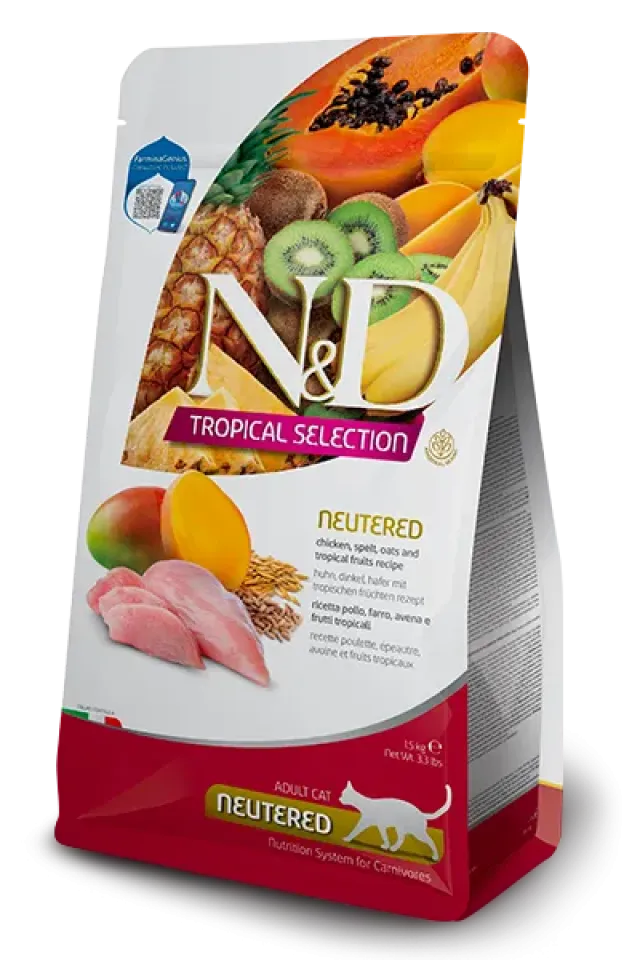Фото Фарміна сухий корм для стерилізованих котів N&D TROPICAL SELECTION CHIECKEN NEUTERED з куркою та тропічними фруктами, 300 г купити за ціною ₴256.00