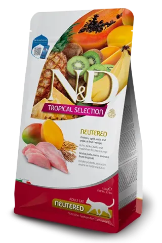 Фарміна сухий корм для стерилізованих котів N&D TROPICAL SELECTION CHIECKEN NEUTERED з куркою та тропічними фруктами, 300 г купити за ціною ₴244.00