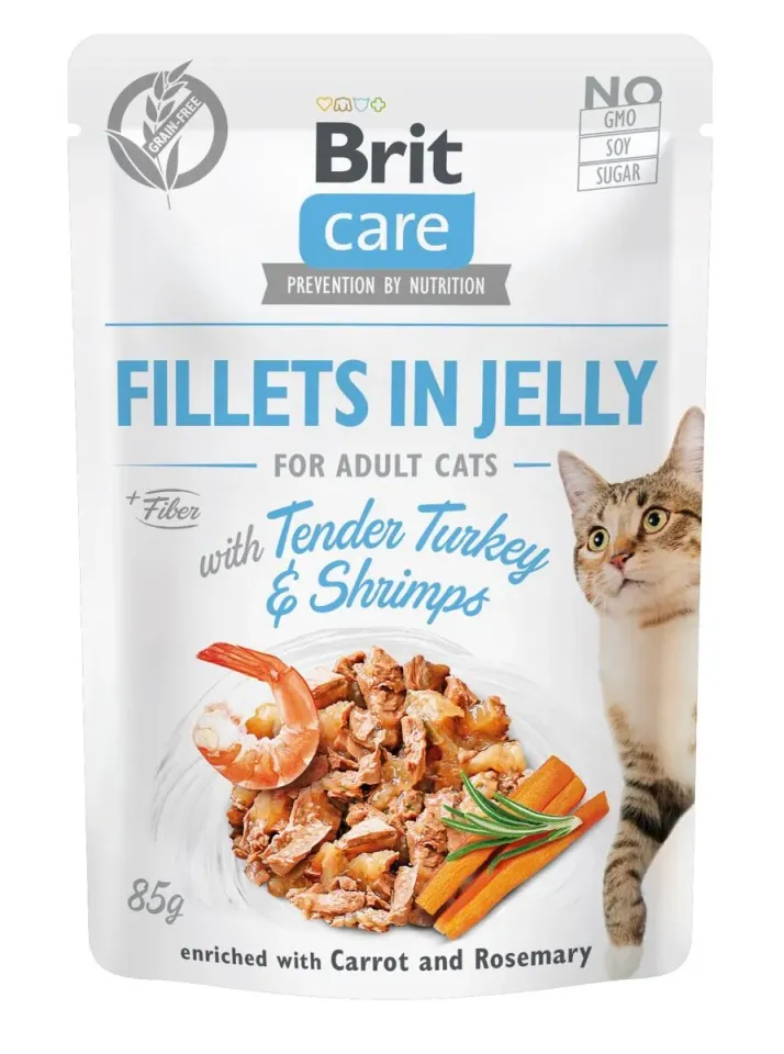 Фото Бріт Кеа для котів вологий Корм Brit Care Cat pouch філе в желе з ніжною індичкою та креветками, 85г купити за ціною ₴69.00
