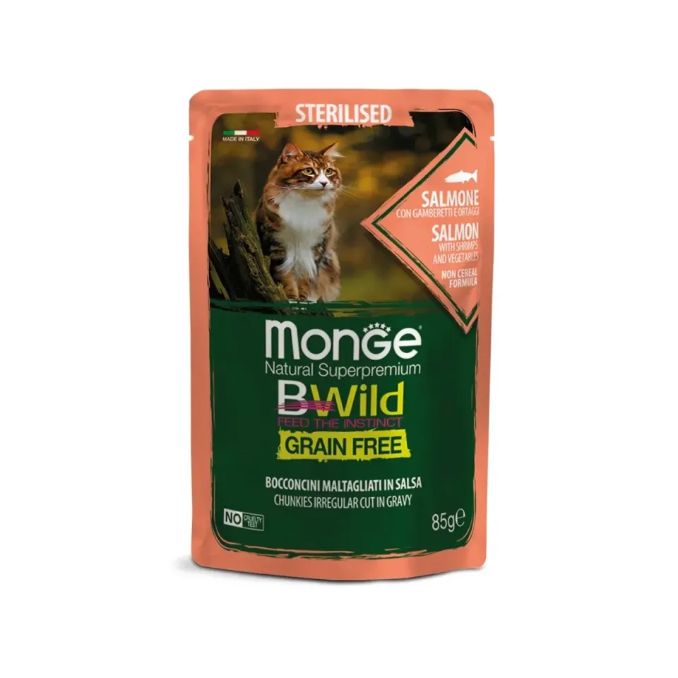 Фото Корм вологий для котів Монж Monge Cat Bwild Grain Free Wet Sterilised лосось з креветками та овочами купити за ціною ₴49.00
