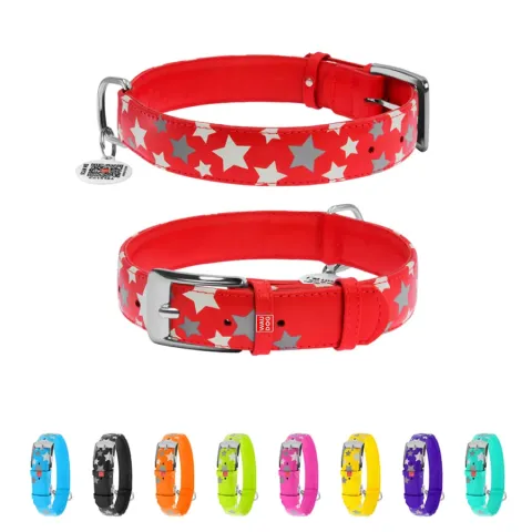 Нашийник для собак шкіряний WAUDOG Glamour з QR паспортом, візерунок "Зірочка", світонакоплювальний, Ш 35 мм, Дов 46-60 см червоний купити за ціною ₴1002.60