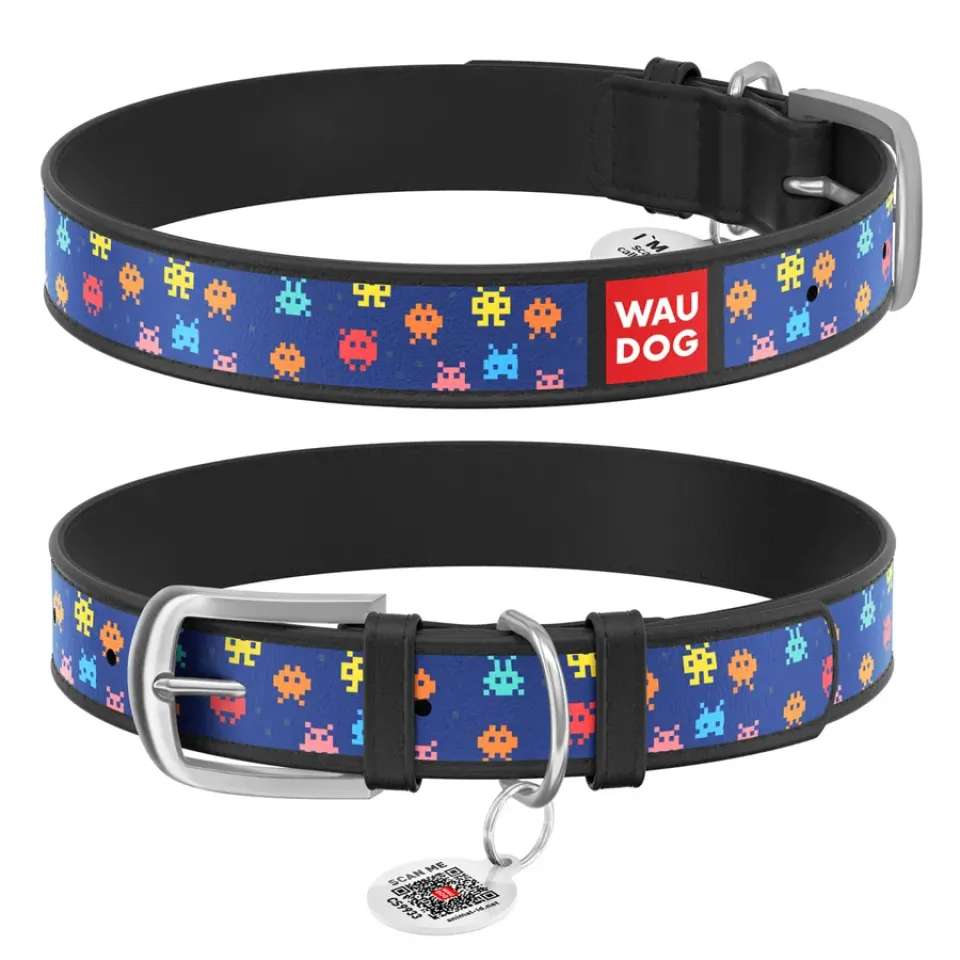 Фото Нашийник WAUDOG Design з малюнком "Пікселі", преміум шкіра, металева пряжка (ширина 12 мм, довжина 21-29 см) чорний купити за ціною ₴142.00
