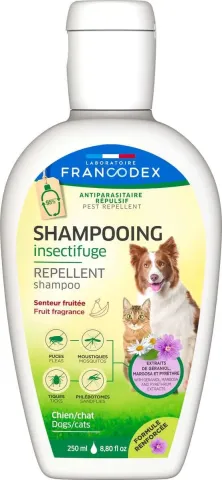 LABORATOIRE FRANCODEX  Repellent Shampoo Fruit Fragrance Лаборатуар Франкодекс Шампунь-репелент від бліх і кліщів для котів і собак з героніолом, фруктовий аромат, 250 мл купити за ціною ₴479.00