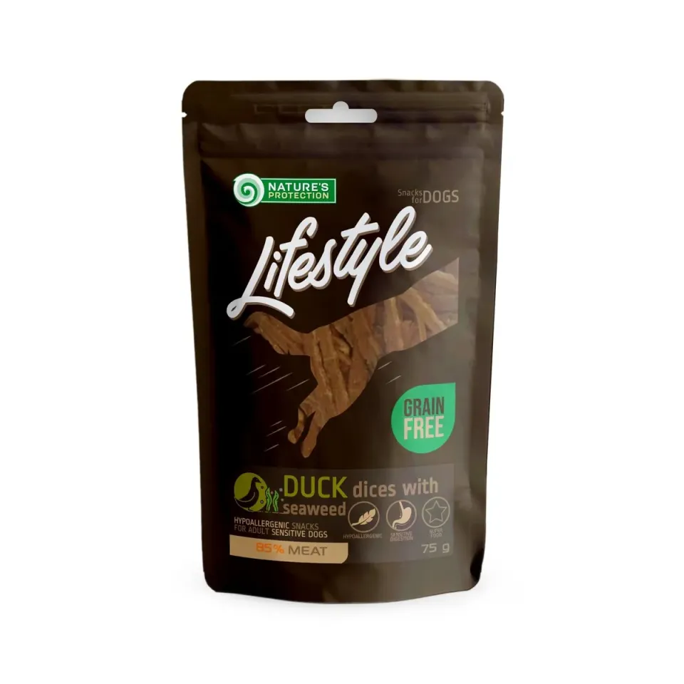 Фото Ласощі для собак, скибочки качки з морською капустою, Nature's Protection Lifestyle snack for dogs soft duck dices with seaweed, 75г купити за ціною ₴168.00