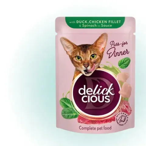 Вологий корм для котів Delickciousз качкою, курячим філе і шпинатом в соусі, 85 г купити за ціною ₴28.00