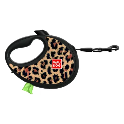 Повідець-рулетка для собак WAUDOG R-leash з контейнером для пакетів, малюнок "Леопард", світловідбивна стрічка, M, до 20 кг, 5 м купити за ціною ₴830.00