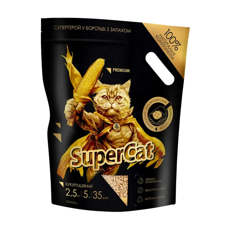 Фото Кукурудзяний наповнювач SuperCat Преміум, комкуючий, для котячих туалетів,2,5 кг купити за ціною ₴234.00