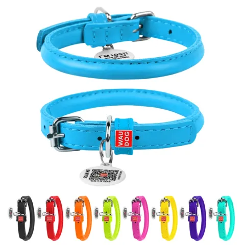 Нашийник для собак шкіряний WAUDOG Glamour з QR паспортом, круглий, Д 8 мм, Дов 25-33 см блакитний купити за ціною ₴190.80