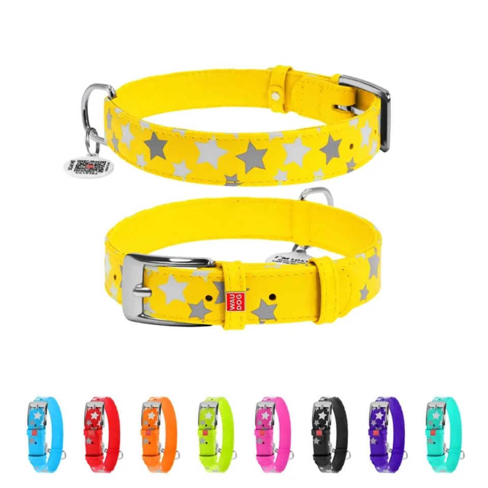 Фото Нашийник для собак шкіряний WAUDOG Glamour з QR паспортом, візерунок "Зірочка", світонакоплювальний, Ш 25 мм, Дов 38-49 см жовтий купити за ціною ₴560.70