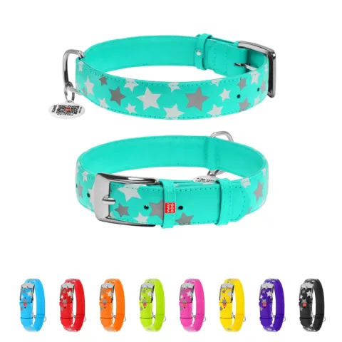 Нашийник для собак шкіряний WAUDOG Glamour з QR паспортом, візерунок "Зірочка", світонакоплювальний, Ш 35 мм, Дов 46-60 см ментоловий купити за ціною ₴1006.20