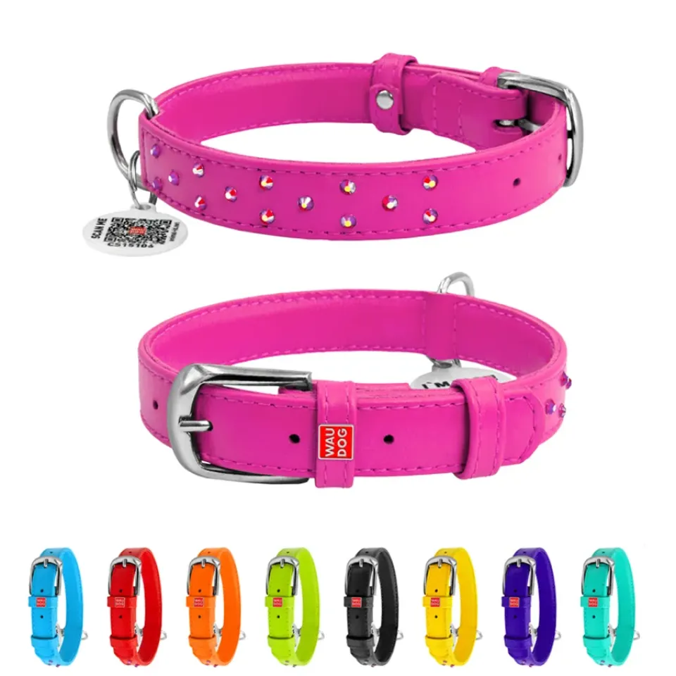 Фото Нашийник для собак шкіряний WAUDOG Glamour з QR паспортом, з клейовими стразами, Ш 20 мм, Дов 30-39 см рожевий купити за ціною ₴506.70