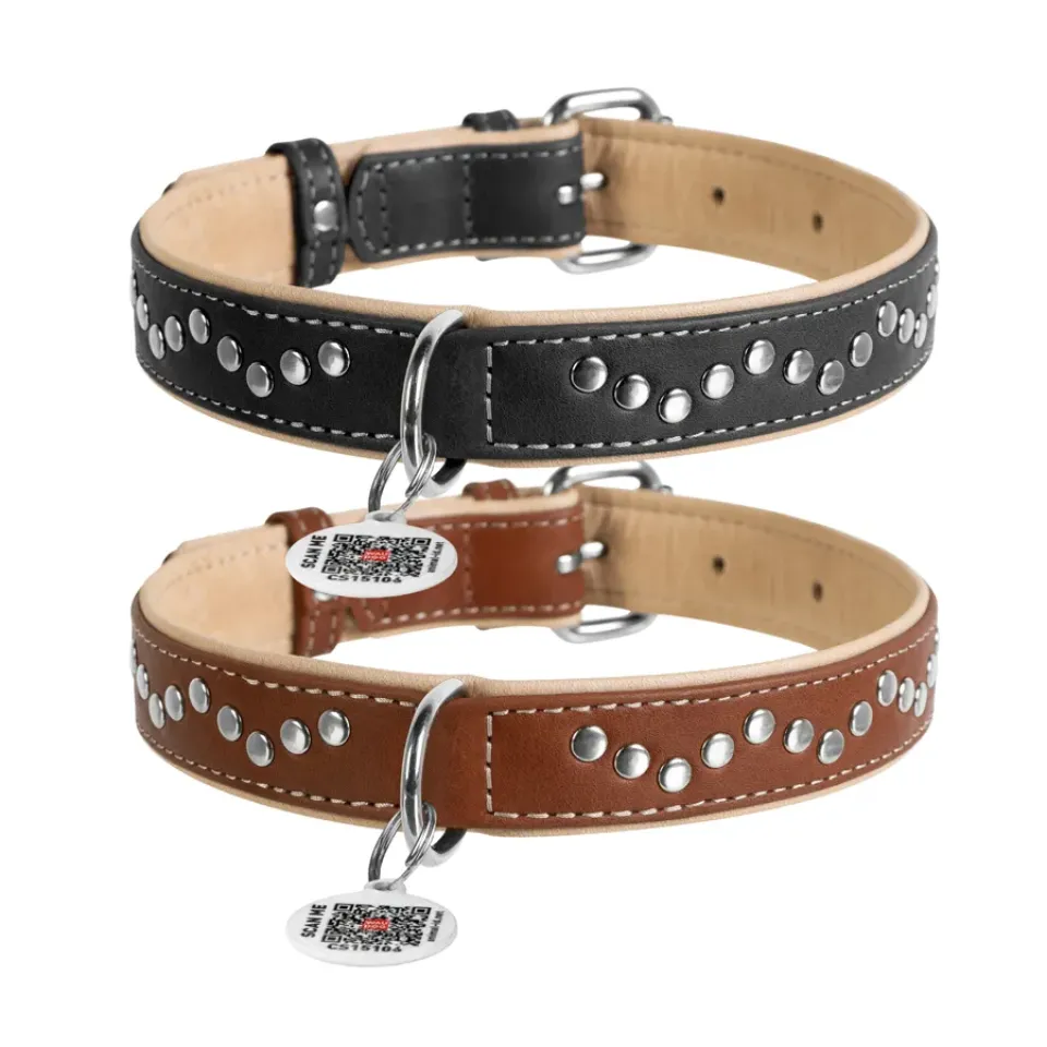 Фото Нашийник для собак шкіряний WAUDOG Soft з QR паспортом, металічні прикраси, Ш 25 мм, Дов 38-49 см чорний купити за ціною ₴649.80