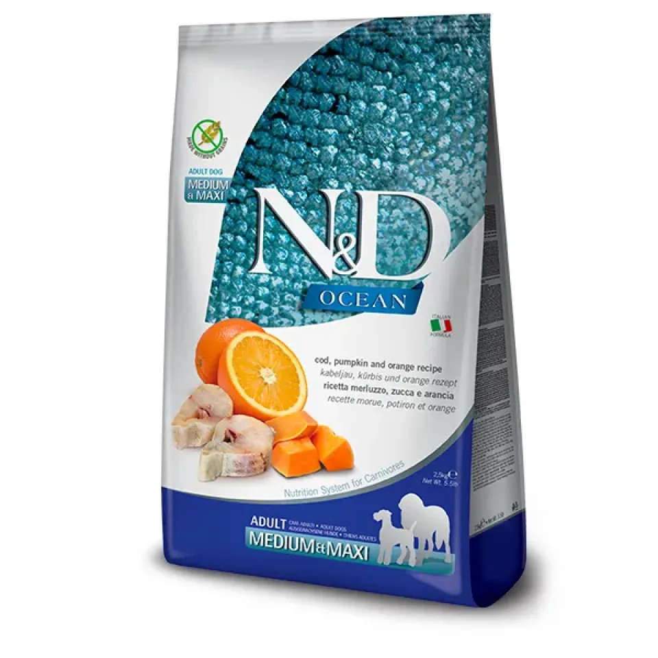 Фото Корм для собак Фарміна N&D Grain Free OCEAN COD, PUMPKIN & ORANGE ADULT MEDIUM & MAXI з тріскою та апельсином купити за ціною ₴1465.00