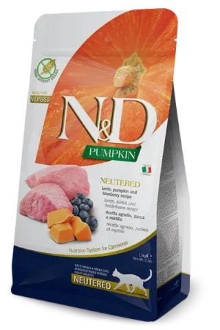 Корм сухий для котів Фарміна для кастрованих котів N&D Grain Free PUMPKIN LAMB & BLUEBERRY NEUTERED ADULT з ягням та чорницею 1,5 кг купити за ціною ₴1294.00
