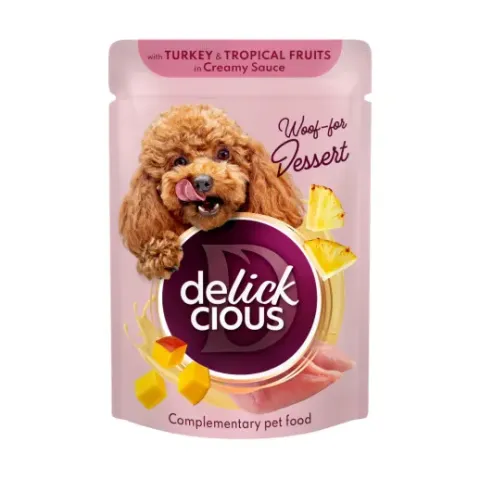 Вологий корм для собак Delickcious пластівці з індичкою та тропічними фруктами у вершковому соусі, 80 г купити за ціною ₴25.00