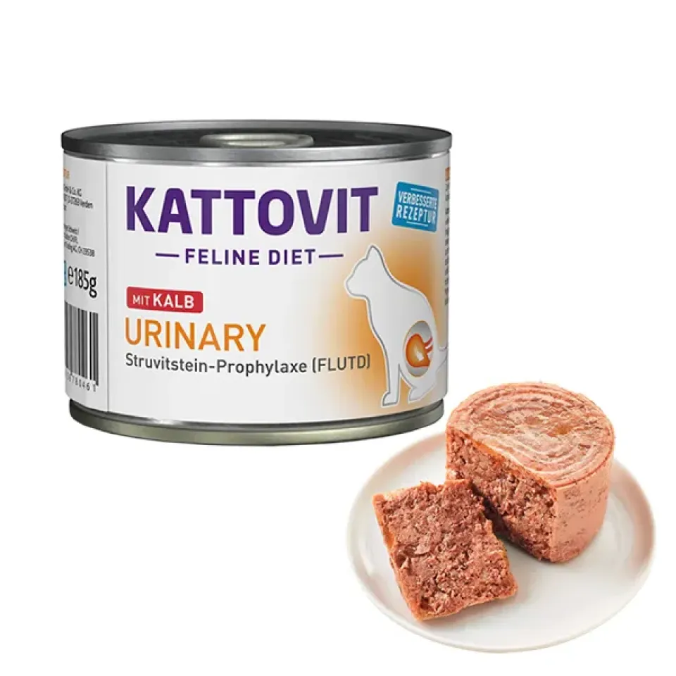 Фото Kattovit Veterinary Urinary Veal КАТТОВІТ УРІНАРІ ТЕЛЯТИНА повнораціонний беззерновий вологий лікувальний корм для котів із захворюваннями нижніх сечовивідних шляхів, банка 185г купити за ціною ₴115.00