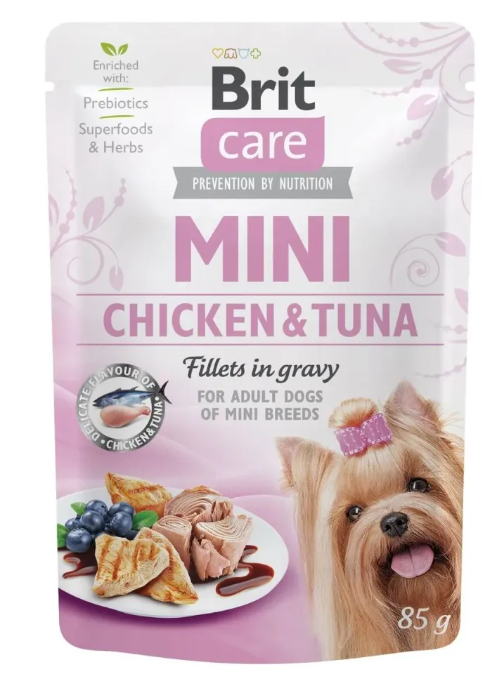 Фото Бріт Кеа для собак вологий  Корм Brit Care Mini pouch з філе курки та тунця в соусі 85г купити за ціною ₴65.00