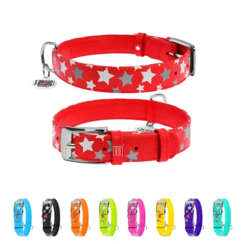 Нашийник для собак шкіряний WAUDOG Glamour з QR паспортом, візерунок "Зірочка", світонакоплювальний, Ш 25 мм, Дов 38-49 см червоний купити за ціною ₴690.30