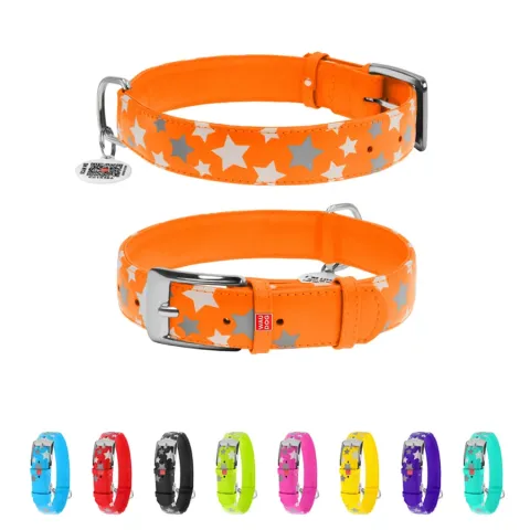 Нашийник для собак шкіряний WAUDOG Glamour з QR паспортом, візерунок "Зірочка", світонакоплювальний, Ш 35 мм, Дов 46-60 см помаранчевий купити за ціною ₴1002.60