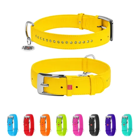 Нашийник для собак шкіряний WAUDOG Glamour з QR паспортом, подвійний зі стразами, Ш 35 мм, Дов 46-60 см жовтий купити за ціною ₴830.70