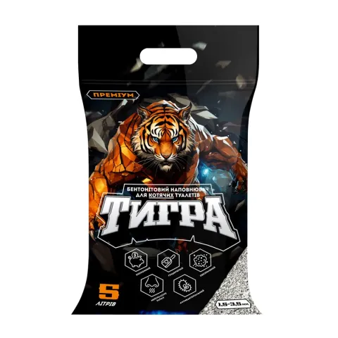 Натуральний бентонітовий наповнювач для котячих туалетів Тигра Преміум, 4,3 кг, гранула стандарт 1,5-3,5 мм, чорний купити за ціною ₴158.00