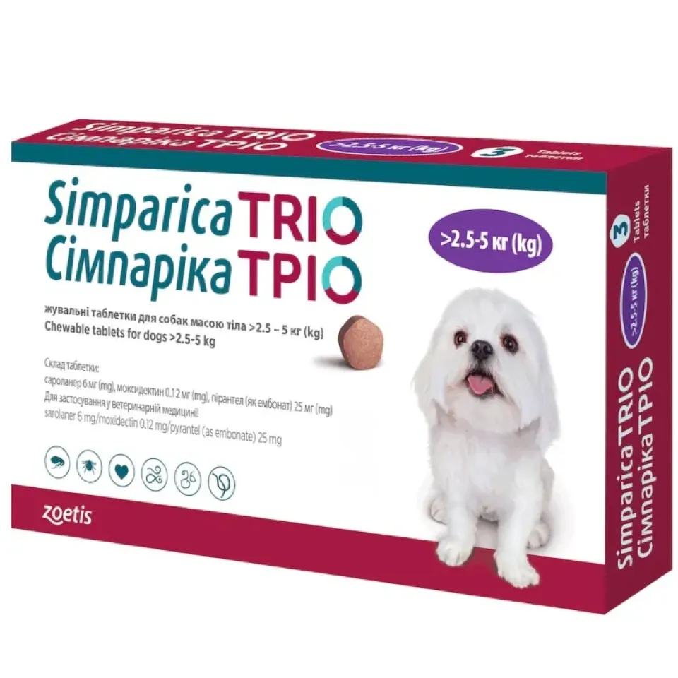 Фото Сімпаріка Тріо Simparica TRIO від глистів, бліх і кліщів для собак вагою 2,5 кг - 5 кг, 1 таблетка купити за ціною ₴467.00