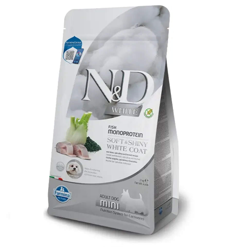 Фото Корм для собак Фарміна N&D Grain Free WHITE ADULT MINI для собак з білою шерстю з сібасом, спіруліною та фенхелем купити за ціною ₴1620.00