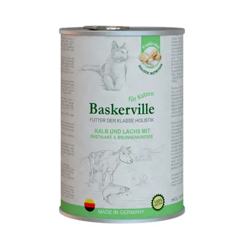 Корм вологий для котів Baskerville з телятиною, лососем та пастернаком (Баскервіль), 400г купити за ціною ₴164.00