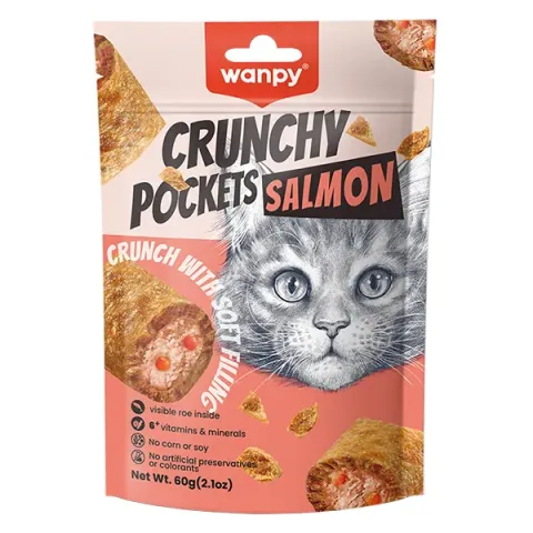 Wanpy Crunchy Pockets Salmon & Roe ВАНПІ ХРУСТКІ ПОДУШЕЧКИ З ЛОСОСЕМ ТА ІКРОЮ ласощі для котів купити за ціною ₴111.00