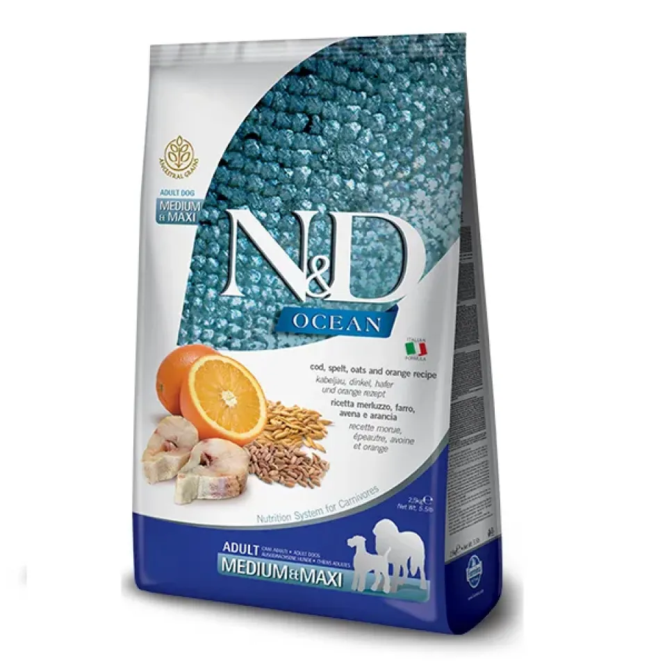 Фото Корм сухий для собак Фарміна N&D Low Grain Ocean ADULT ADULT MEDIUM & MAXI з тріскою та апельсином 2,5 kg купити за ціною ₴1221.00