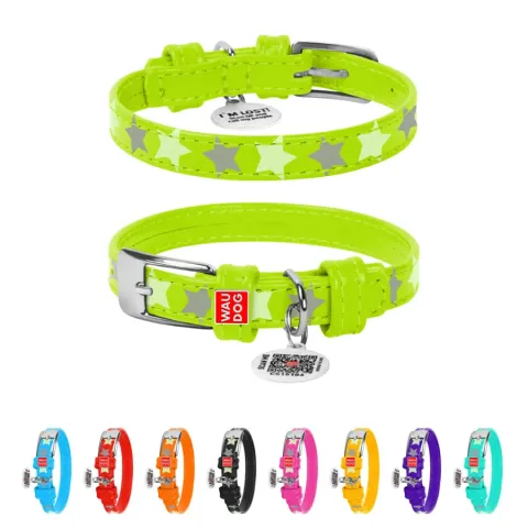 Нашийник для собак шкіряний WAUDOG Glamour з QR паспортом, візерунок "Зірочка", світонакоплювальний, Ш 12 мм, Дов 19-25 см салатовий купити за ціною ₴247.50