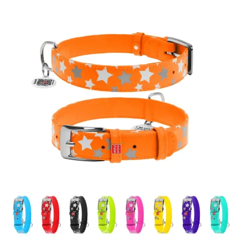 Нашийник для собак шкіряний WAUDOG Glamour з QR паспортом, візерунок "Зірочка", світонакоплювальний, Ш 25 мм, Дов 38-49 см помаранчевий купити за ціною ₴690.30