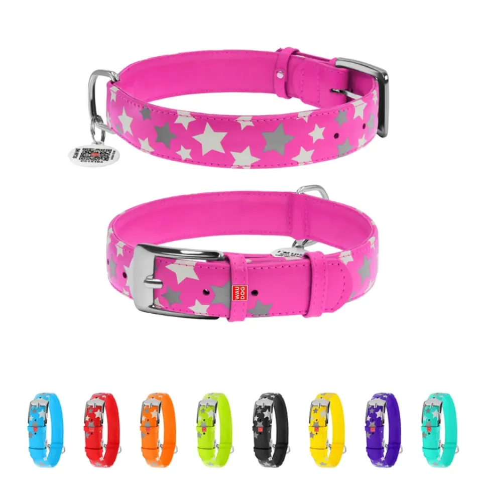 Фото Нашийник для собак шкіряний WAUDOG Glamour з QR паспортом, візерунок "Зірочка", світонакоплювальний, Ш 35 мм, Дов 46-60 см рожевий купити за ціною ₴1002.60