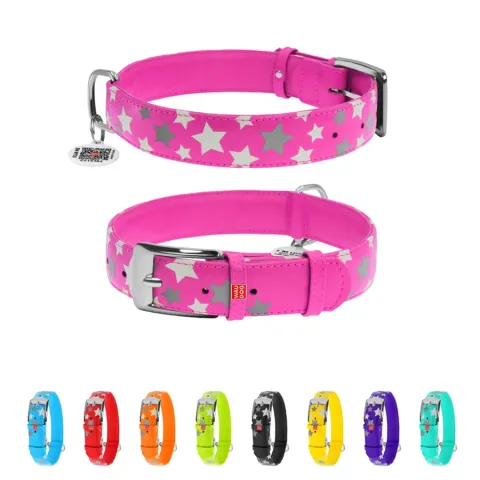 Нашийник для собак шкіряний WAUDOG Glamour з QR паспортом, візерунок "Зірочка", світонакоплювальний, Ш 35 мм, Дов 46-60 см рожевий купити за ціною ₴1002.60