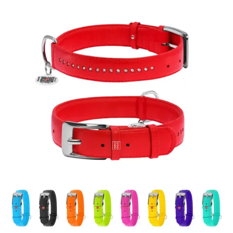 Нашийник для собак шкіряний WAUDOG Glamour з QR паспортом, подвійний зі стразами, Ш 35 мм, Дов 46-60 см червоний купити за ціною ₴973.80