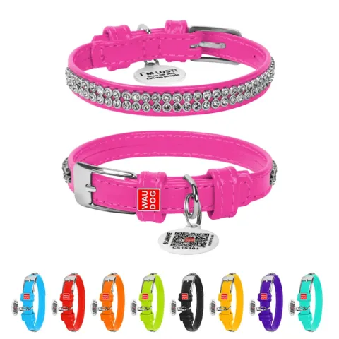 Нашийник для собак шкіряний WAUDOG Glamour з QR паспортом, з прикрасою "Полотно стрази", Ш 9 мм, Дов 18-21 см рожевий купити за ціною ₴198.00