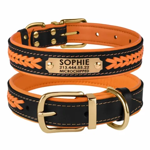 Нашийник для Собак Шкіряний BronzeDog Premium з Литою Латунною Фурнітурою та Адресником Чорно-Помаранчевий  M(61024/Т) з гравіюванням купити за ціною ₴641.00